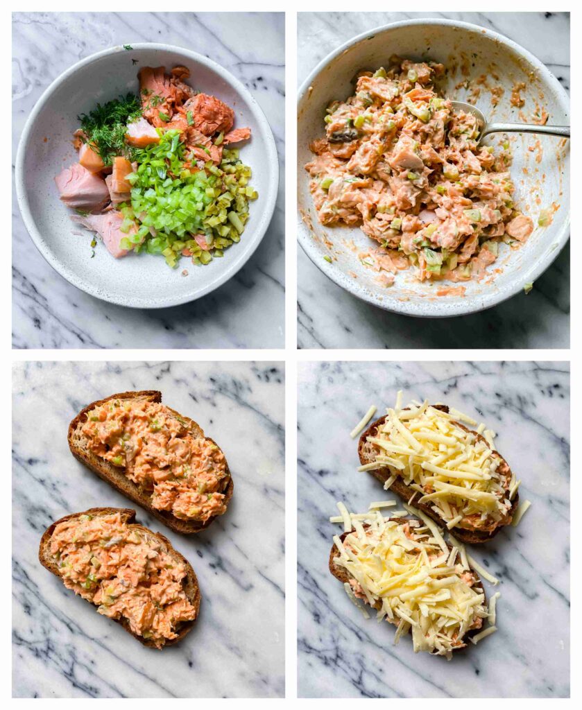 process shots showing assembly of the salmon sandwiches