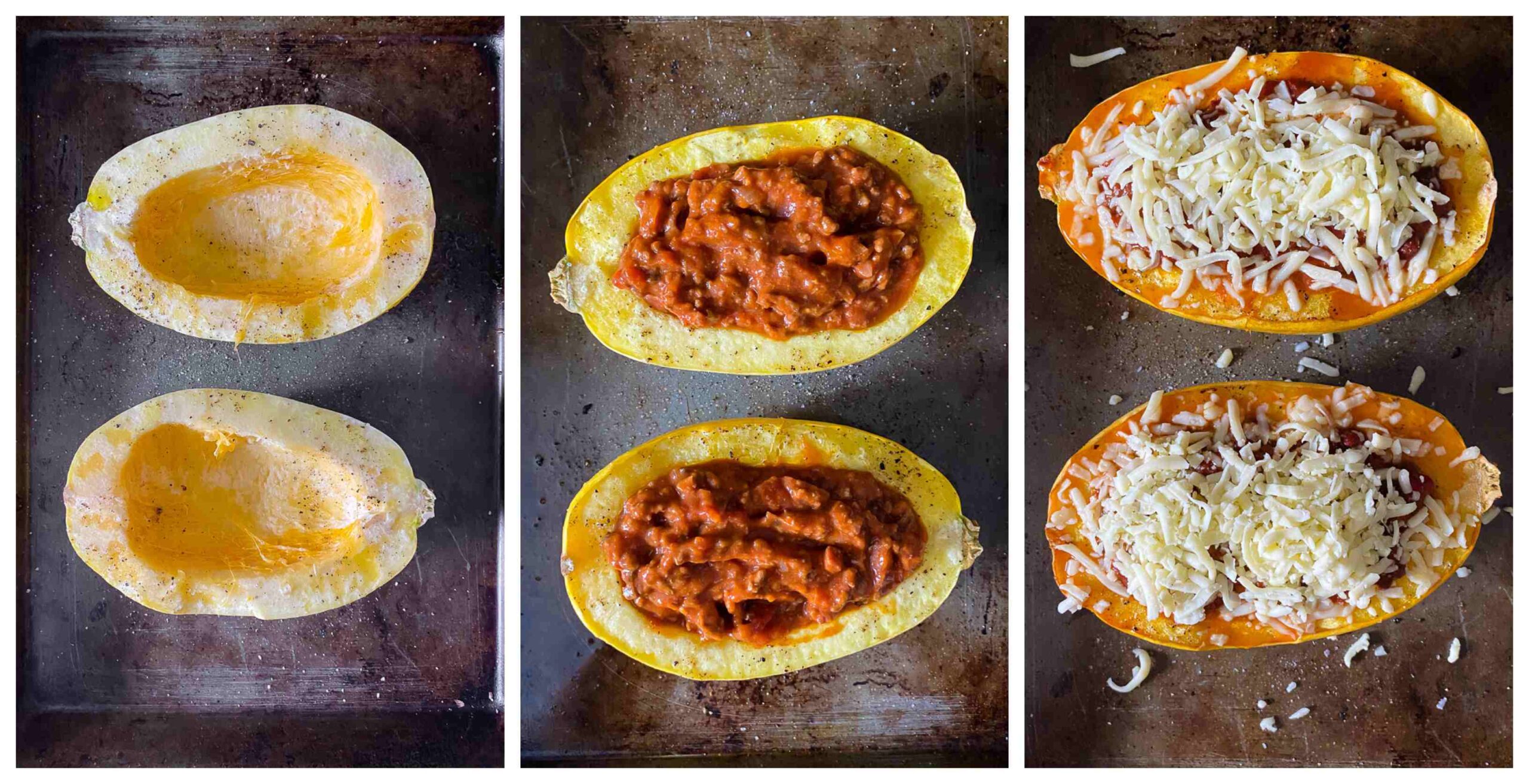 images of 3 stages of roasting spaghetti squash stuffed with bolognese sauce