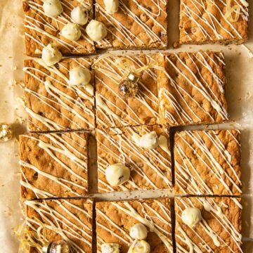 Top down of brown butter hazelnut blondies cut into squares