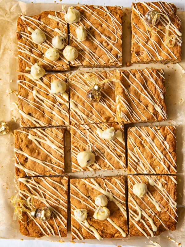 Top down of brown butter hazelnut blondies cut into squares