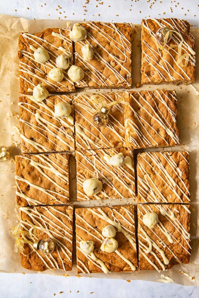 Top down of brown butter hazelnut blondies cut into squares