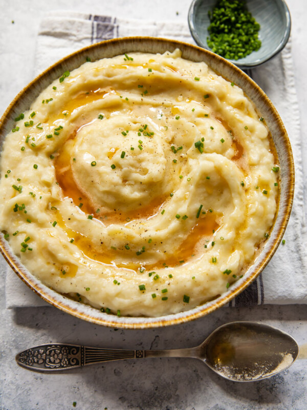 top down view of mashed potatoes with celeriac