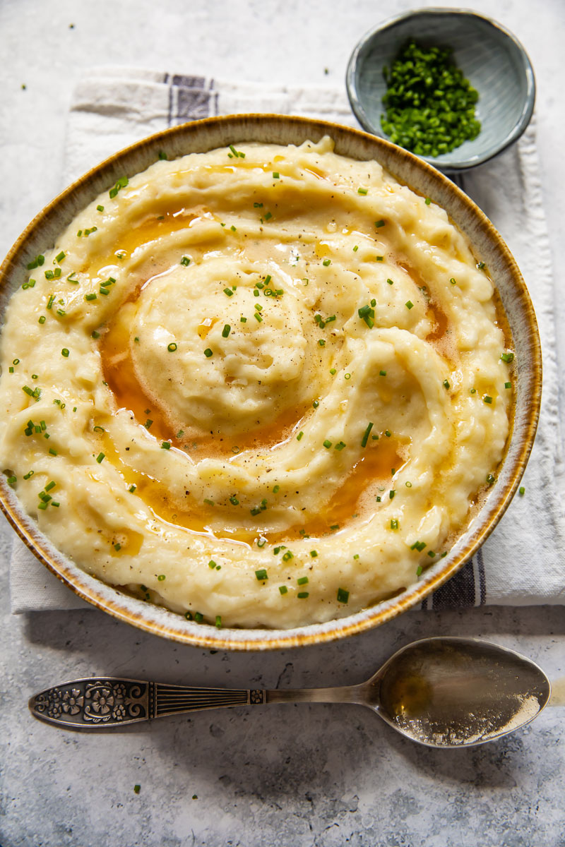 top down view of mashed potatoes with celeriac