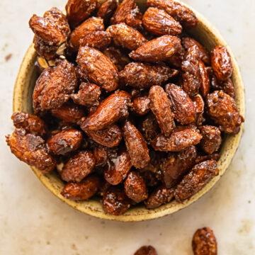 close up of serving dish of candied almonds