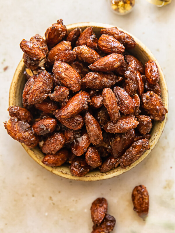 close up of serving dish of candied almonds