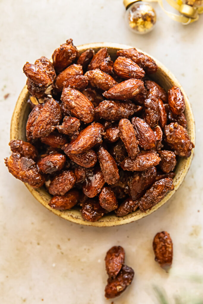 close up of serving dish of candied almonds