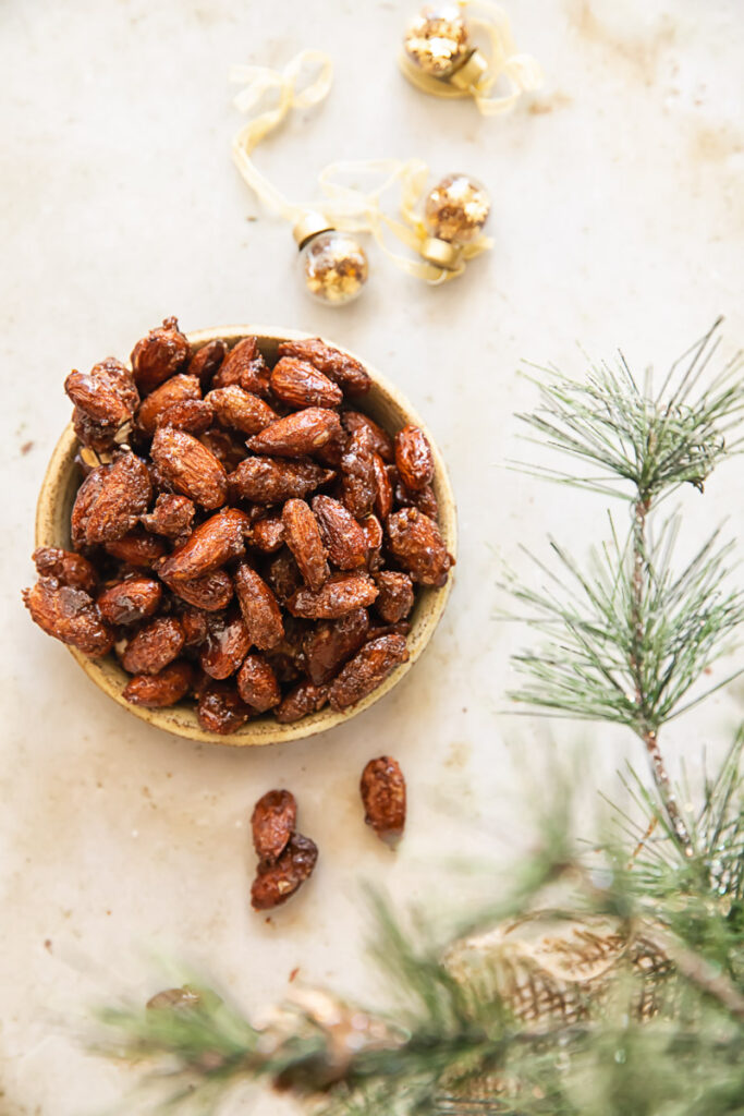 small serving dish with cinnamon candied almonds