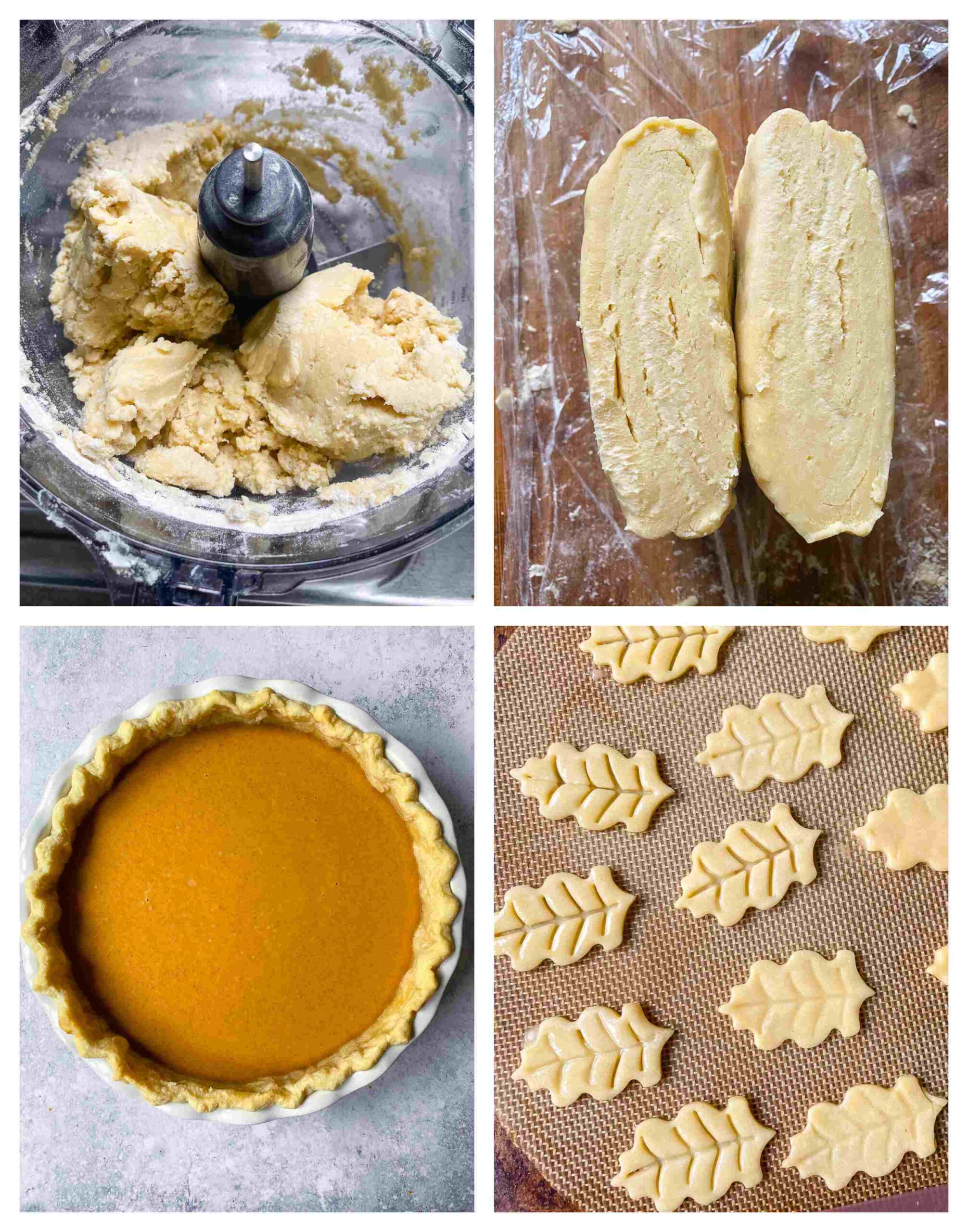 4 pictures in a collage of the pumpkin pie making process