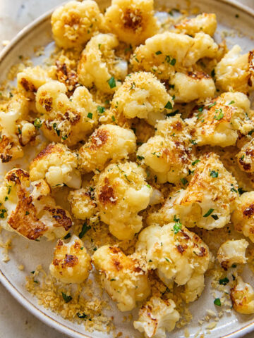 Top down of a plate of cauliflower with breadcrumbs