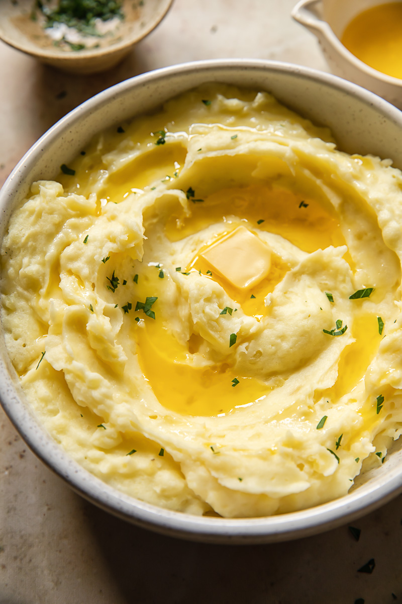 top down view of mashed potatoes in a bowl