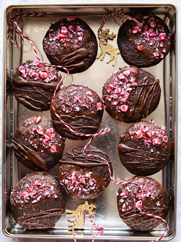top down view of chocolate cookies with crushed candy cane