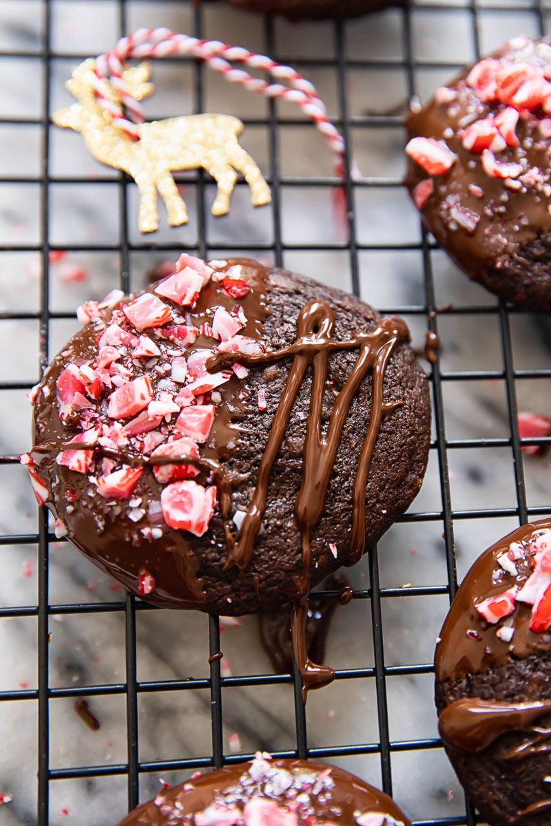 close up of chocolate candy cane cookie