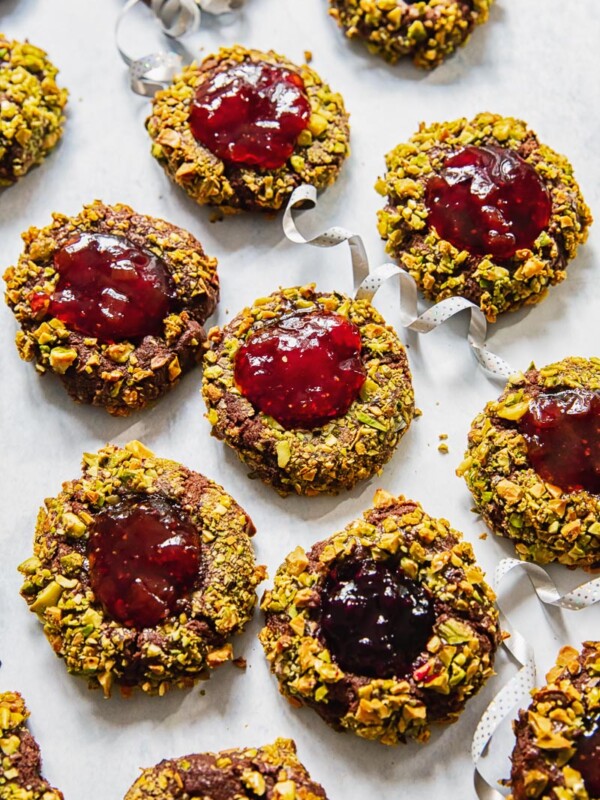 top down view of Christmas cookies filled with jam