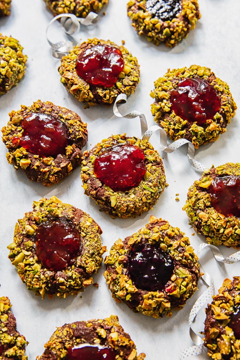 top down view of Christmas cookies filled with jam