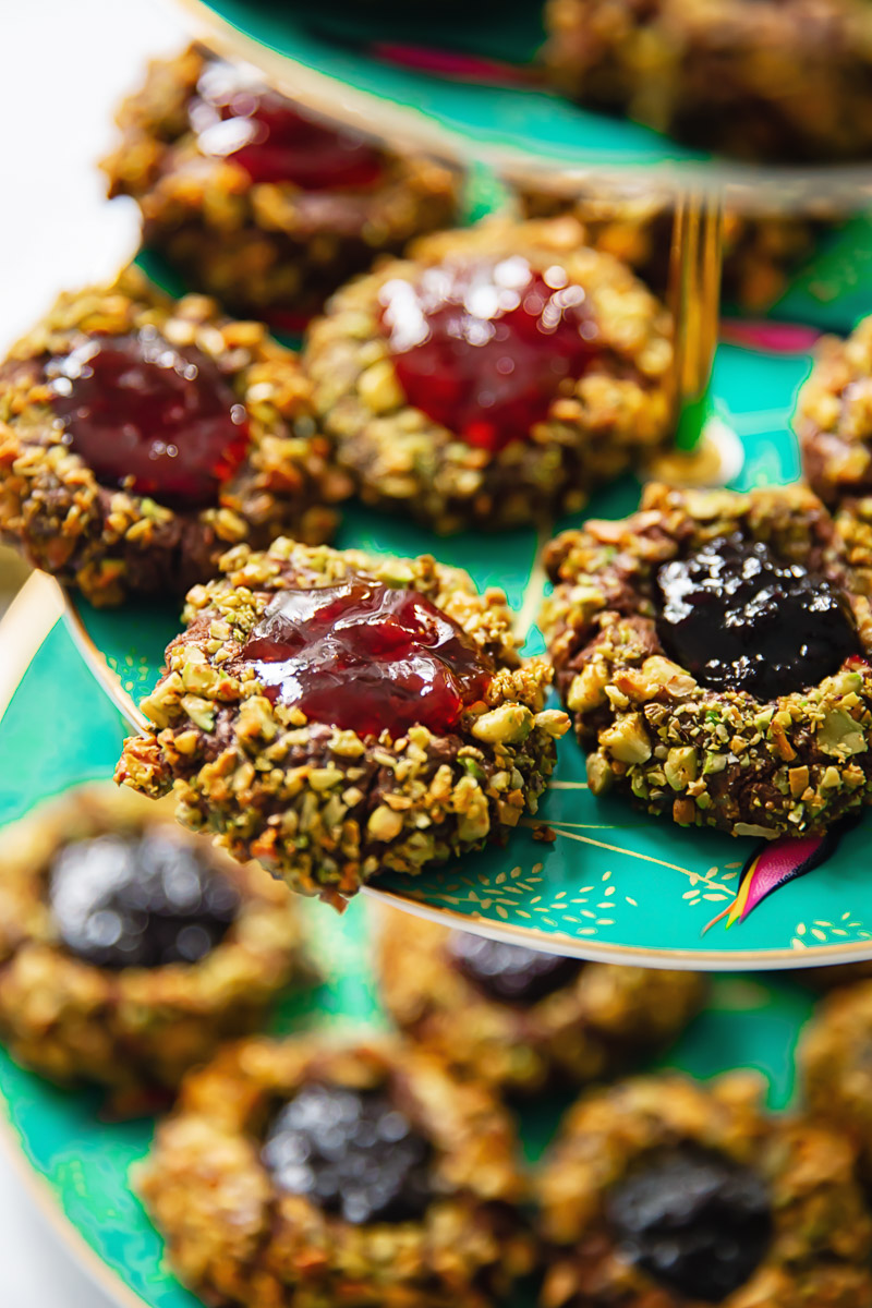 close up of chocolate thumbprint cookies