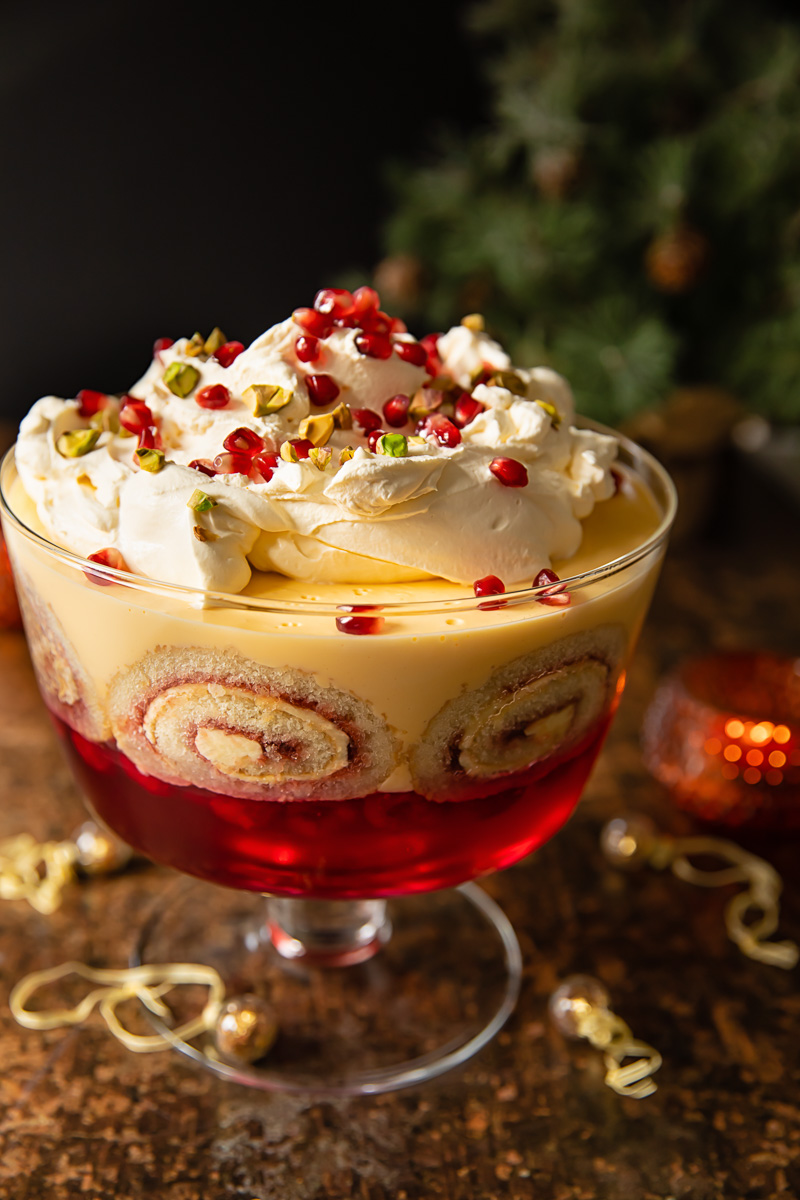 side view of trifle in a trifle bowl