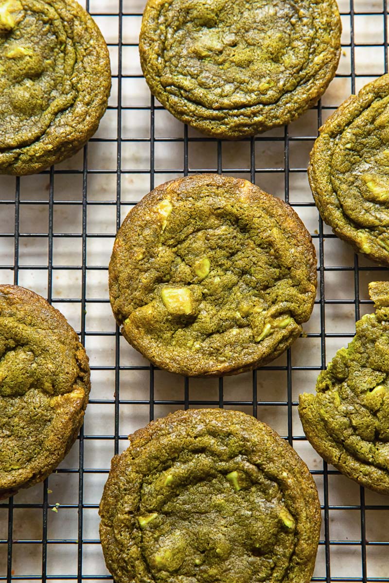 close up of matcha cookies on cooling rack