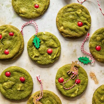 top down view of red and green matcha cookies