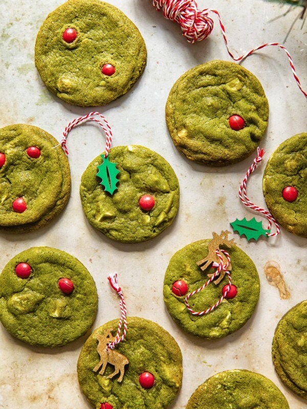top down view of red and green matcha cookies
