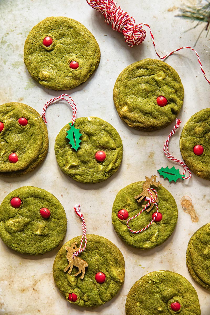 top down view of red and green matcha cookies