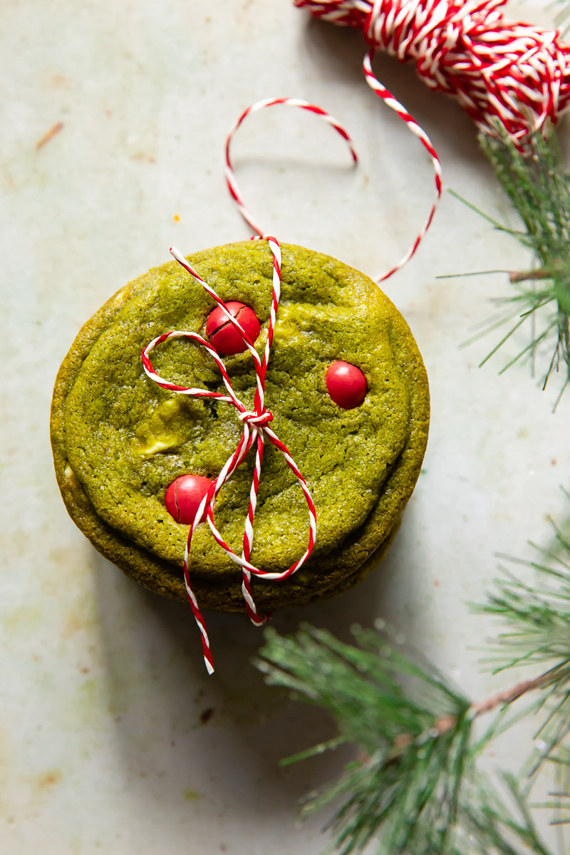 top down view of a cookie stack tied with a red and white twine