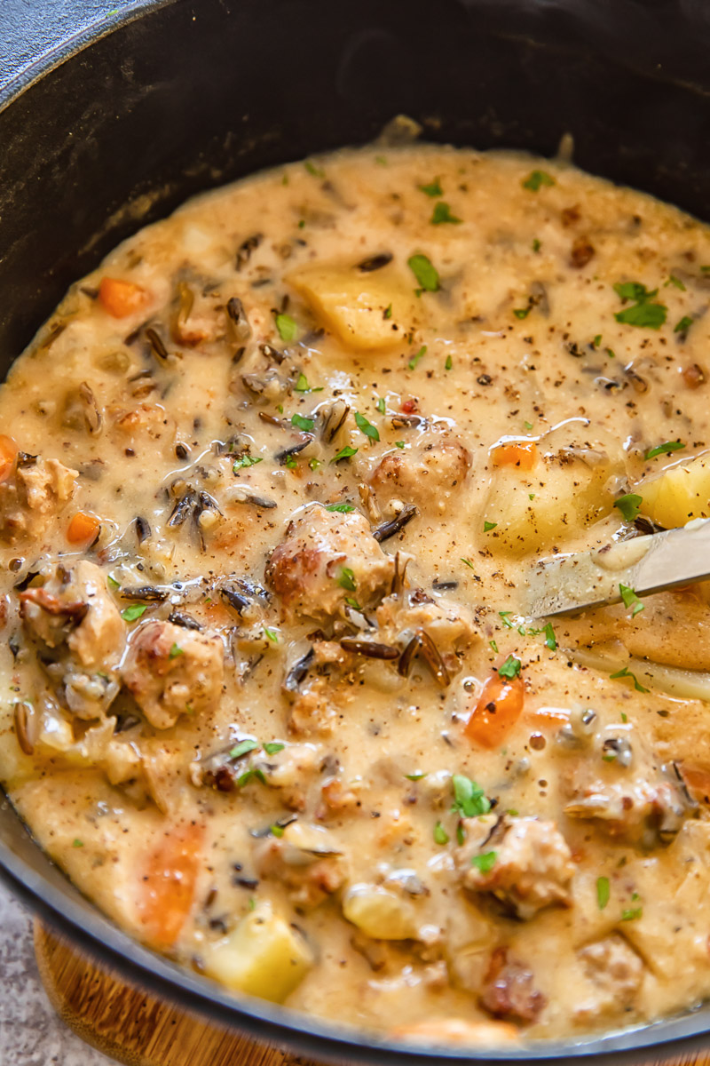 top down view of soup in a pot