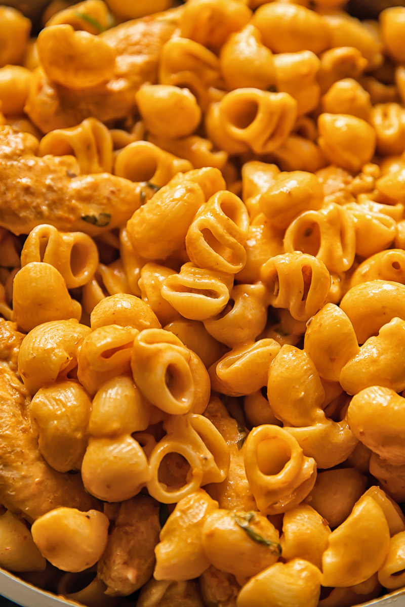 close up of pasta dish in a creamy tomato sauce