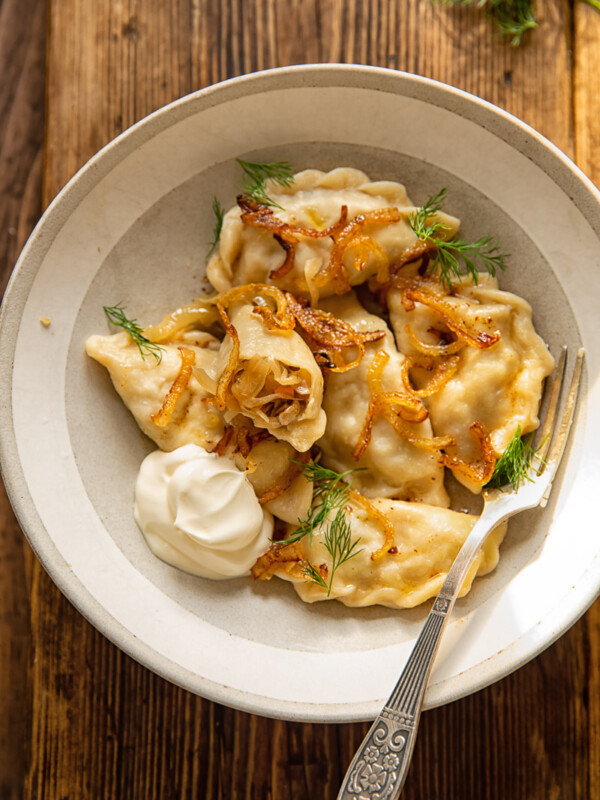 top down view of sauerkraut and mushroom vareniki