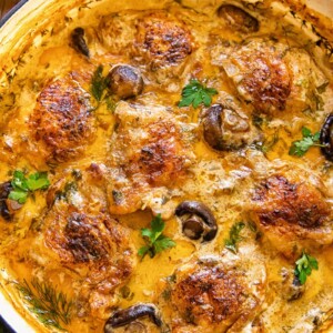 top down view of chicken and mushrooms in a creamy sauce in a round pan