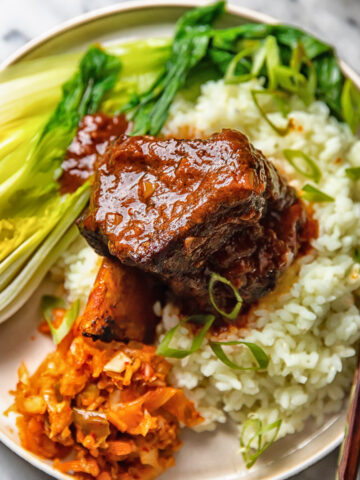 short rib on a bed of rice with bok choy and kimchi on a plate