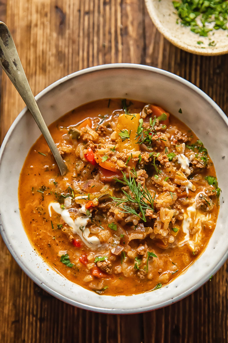 unstuffed pepper soup in a bowl with a spoon