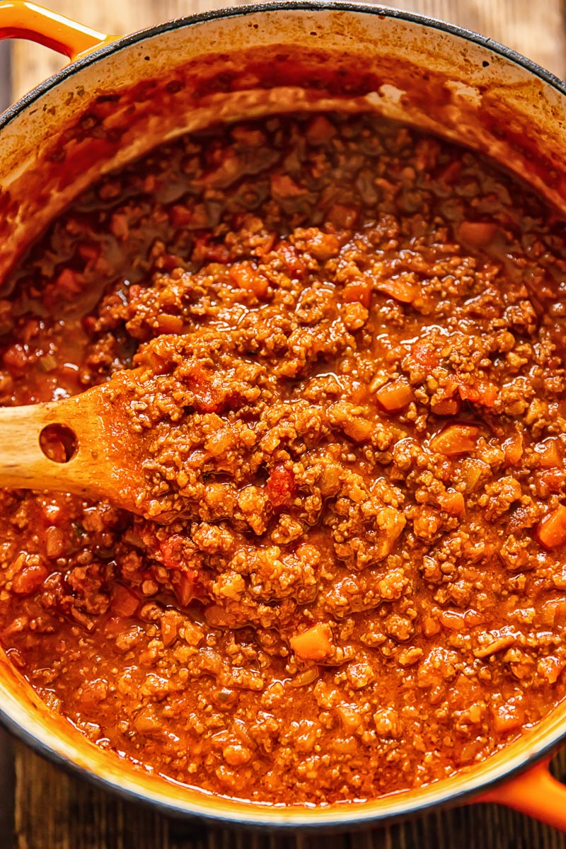 top down view of meat ragu in a pot
