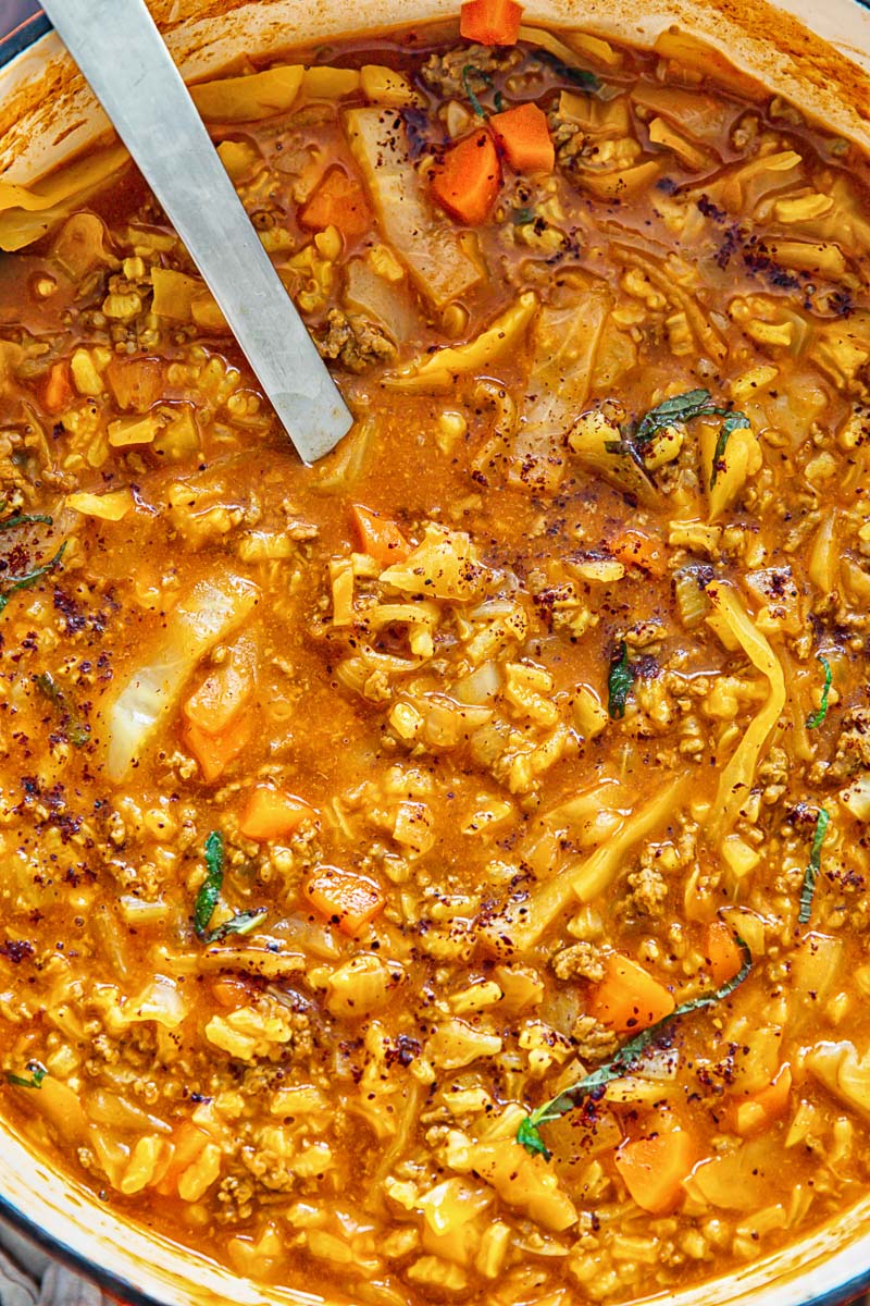 beef and cabbage soup in a pot