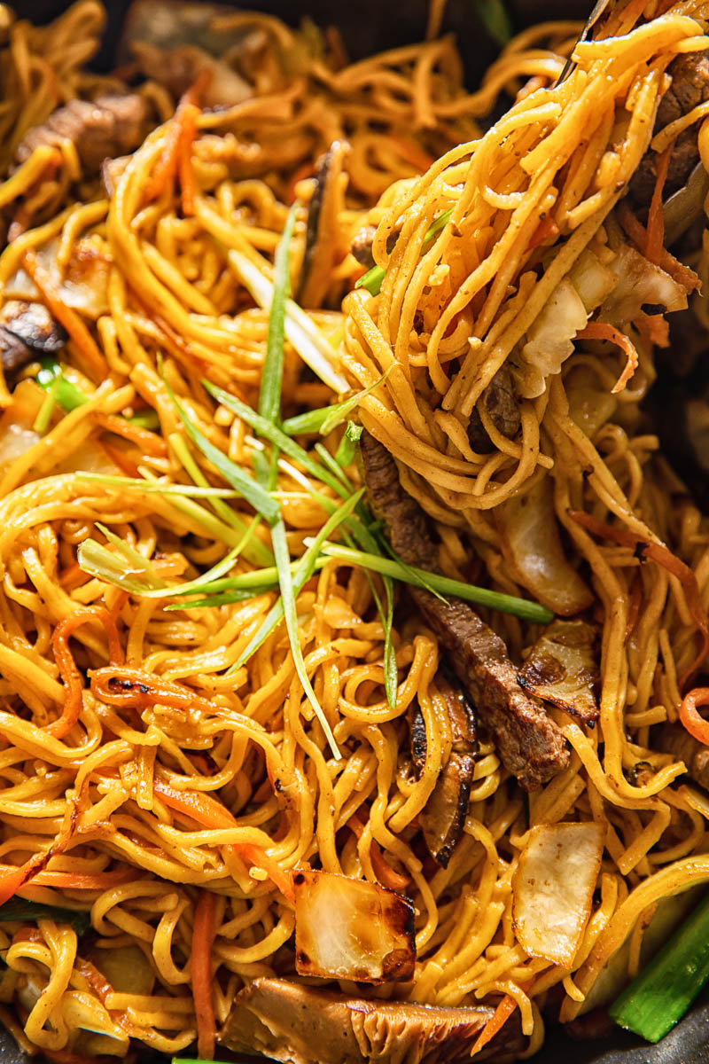 close up of Japanese noodles in a pan