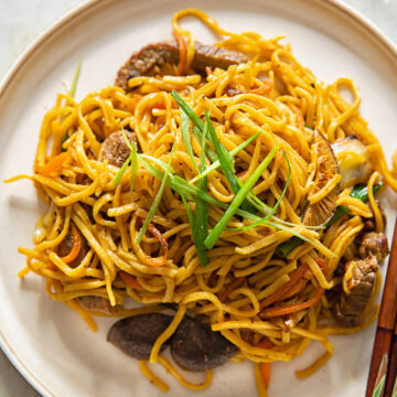 noodles topped with sliced green onions on a brown plate