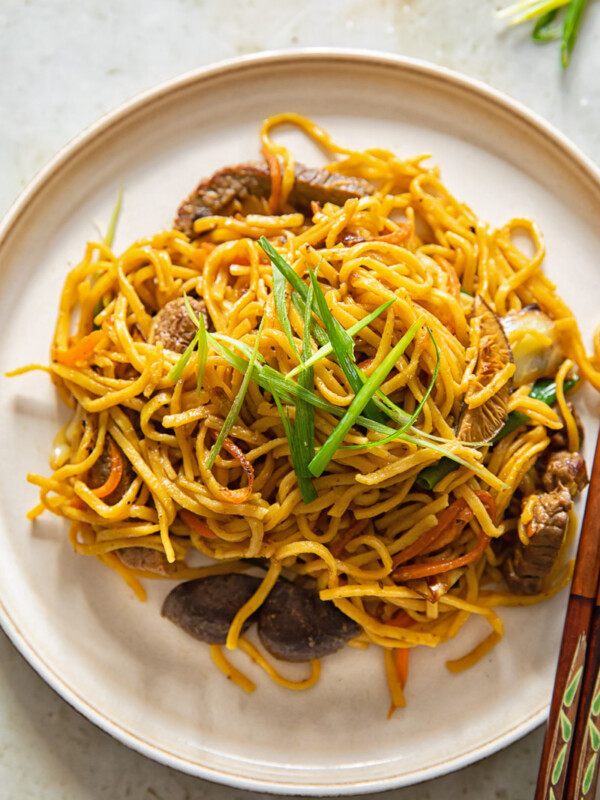 noodles topped with sliced green onions on a brown plate