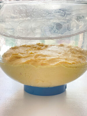 dough in a glass mixing bowl