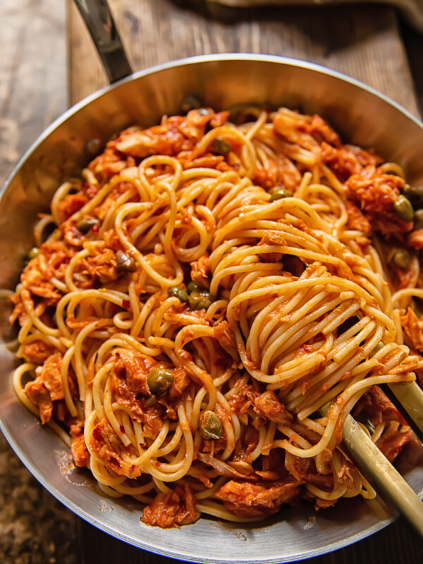 top down view of spaghetti in red sauce in a pan