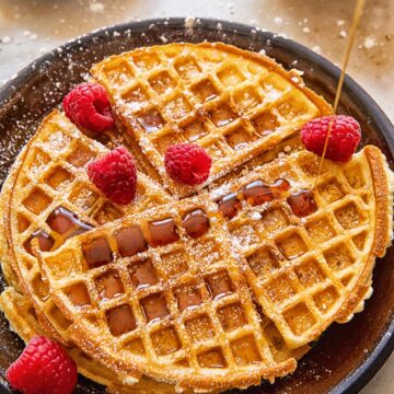 maple syrup being frizzled over waffles topped with raspberires