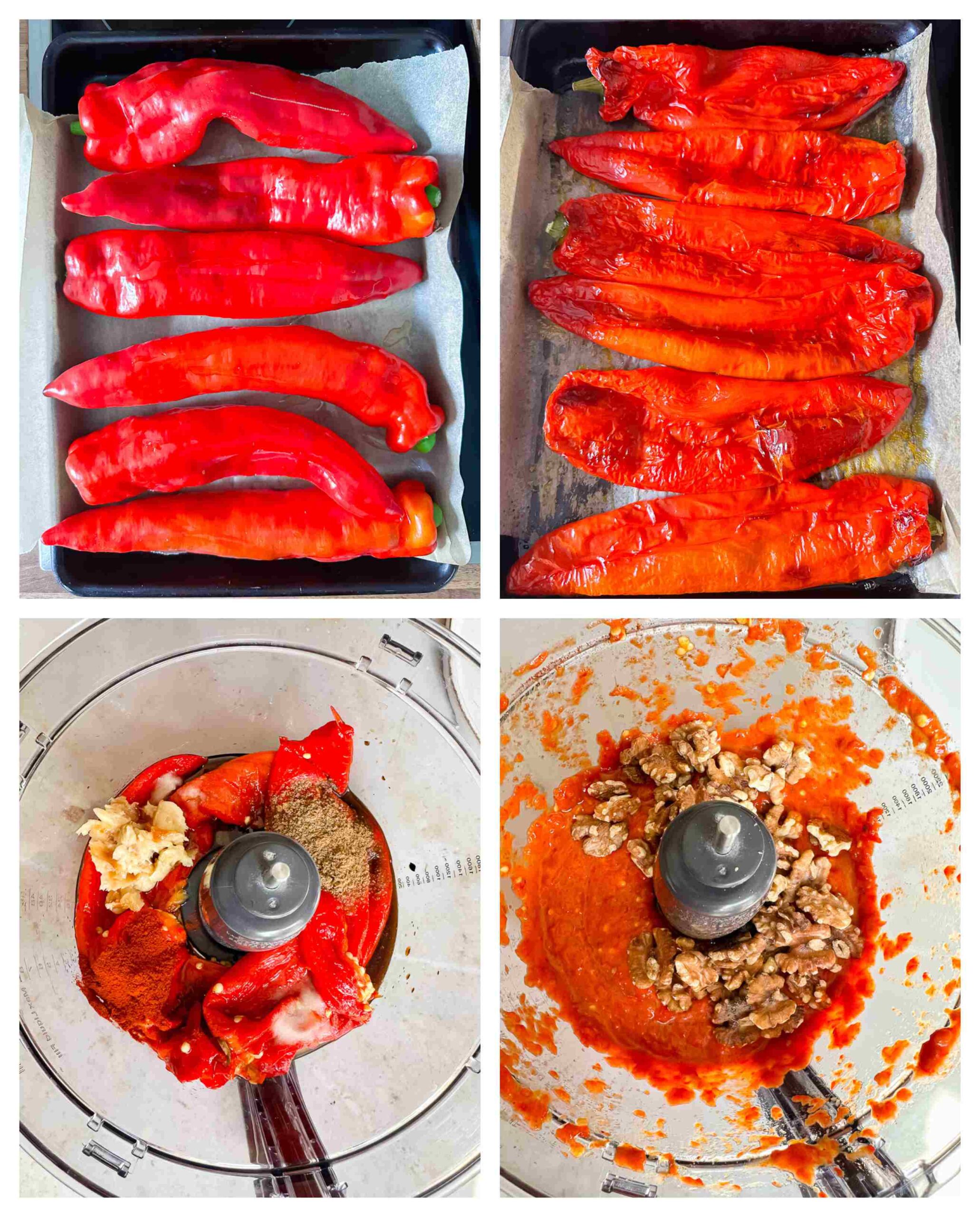 Process shot of red peppers being roasted and blended into the dip