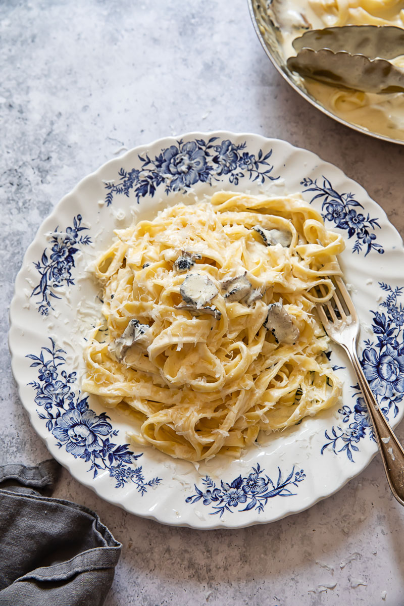 top down view of plate of creamy pasta