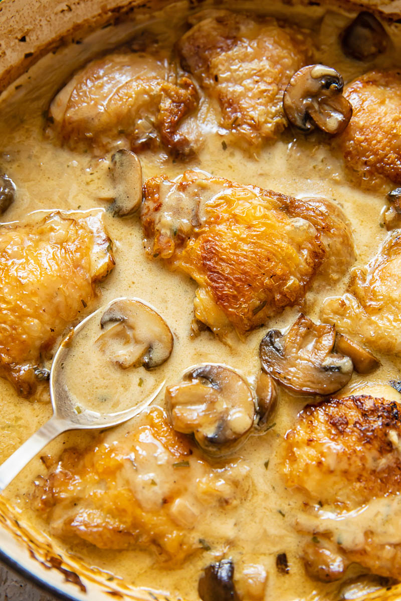 Close up of spoon scooping chicken fricassee in a pan