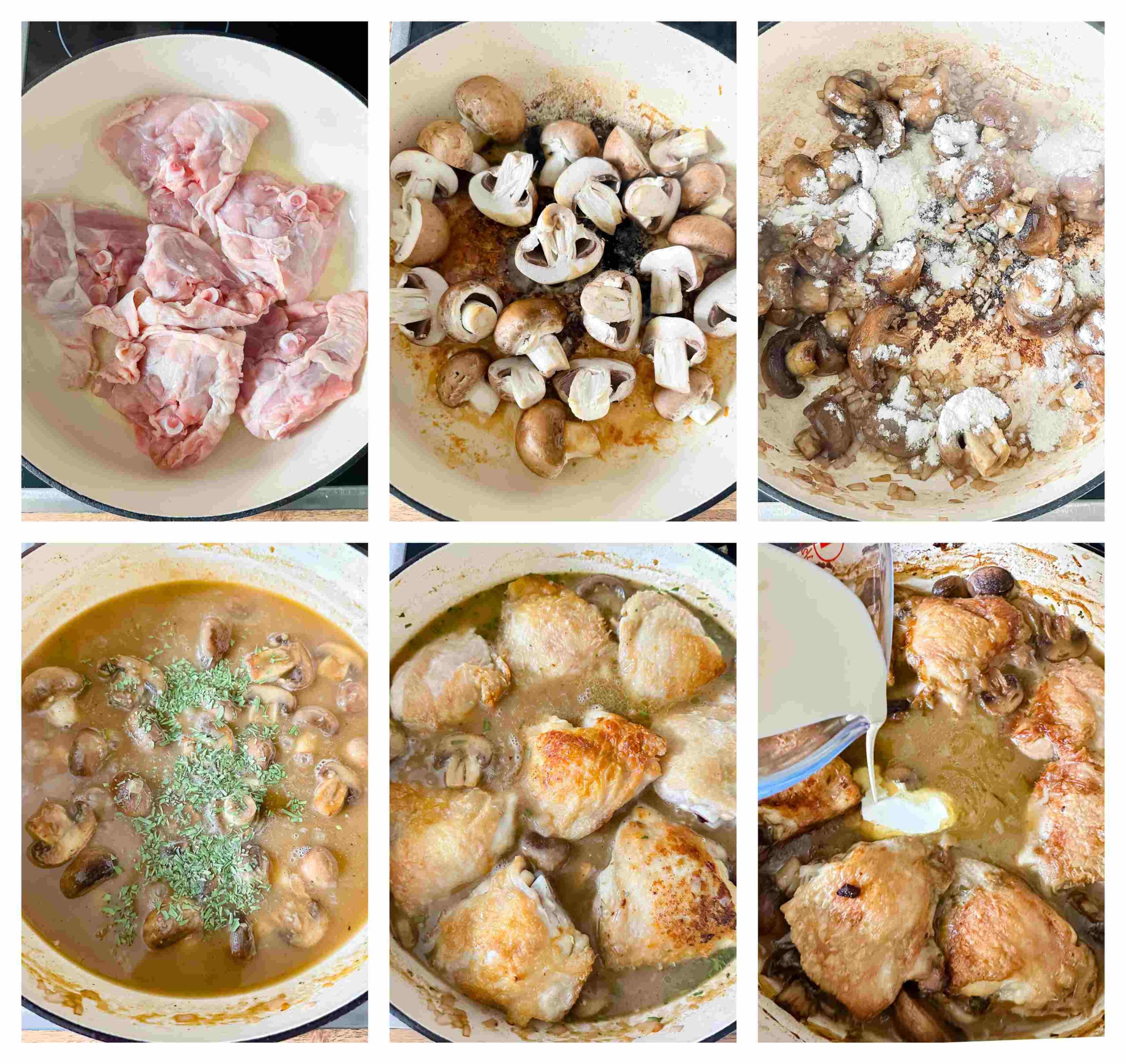 Process shot of chicken in a bowl being turned into chicken fricassee