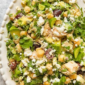 Top down view of Chickpea Tuna Salad on an oval platter