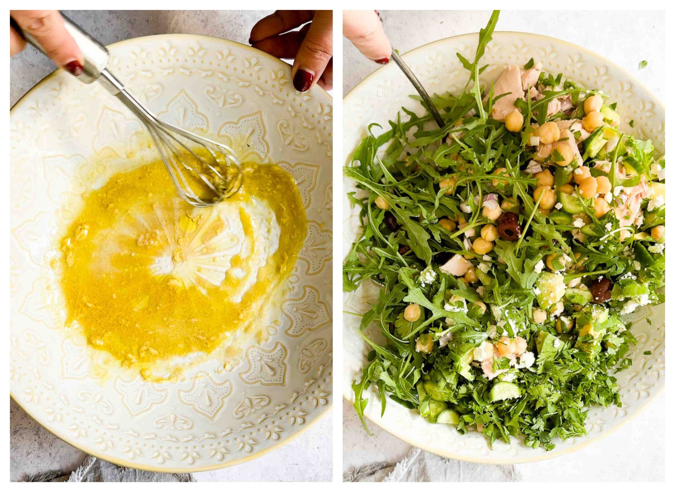 Process shot of salad ingredients being mixed together