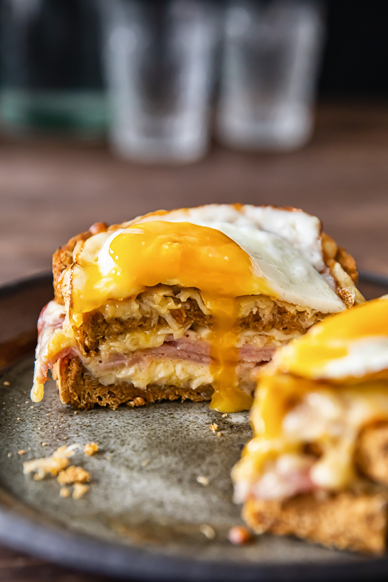 Close up of croque madame cut open cross section