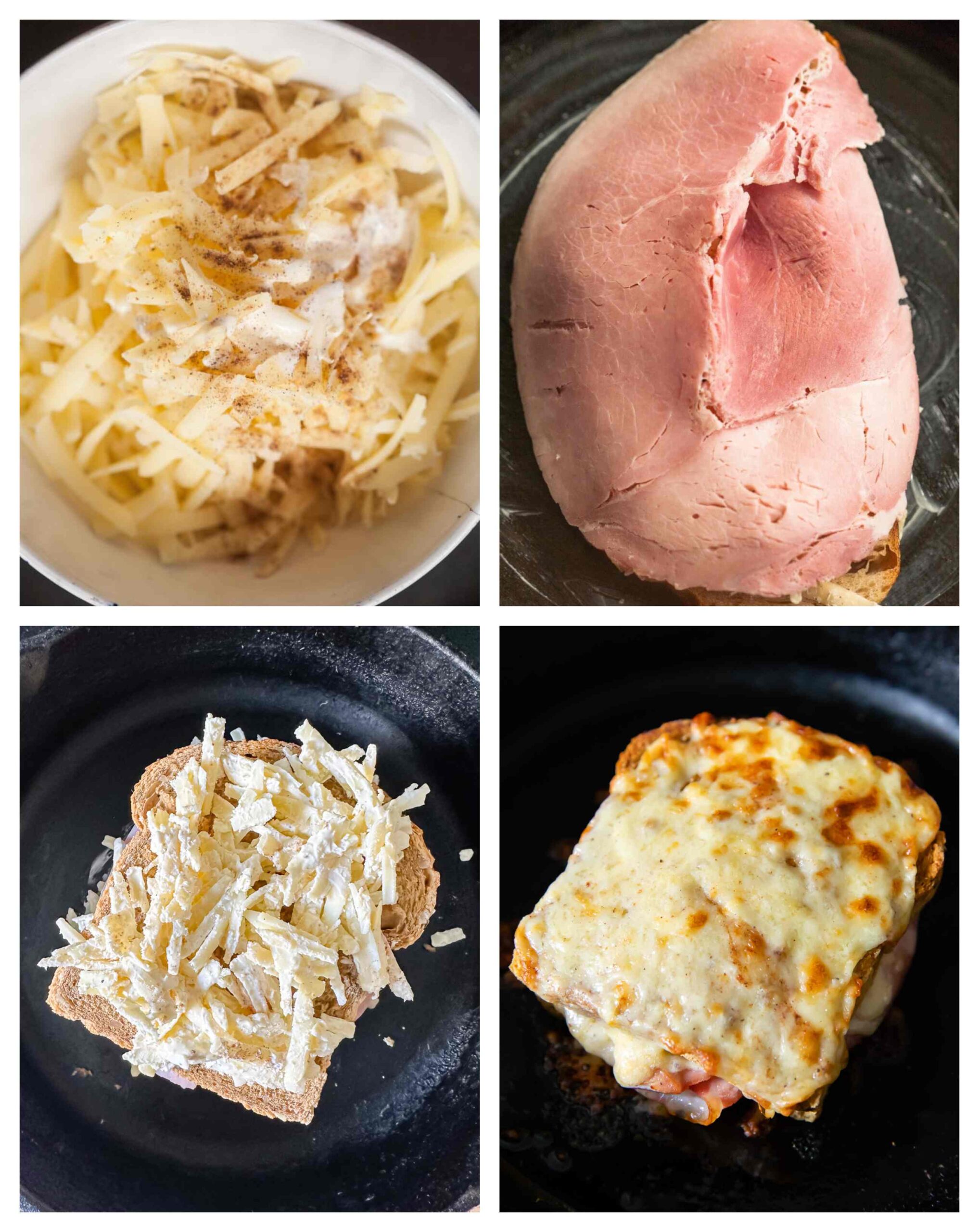 Process shot of croque madame sandwich being assembled