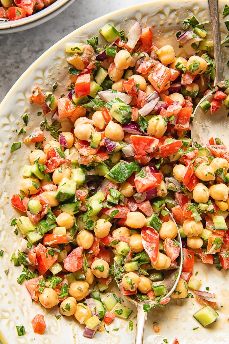 Close up shot of Israeli salad on a platter