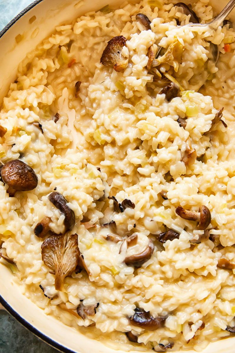 Top down view of Truffle risotto with mushroom in a pan