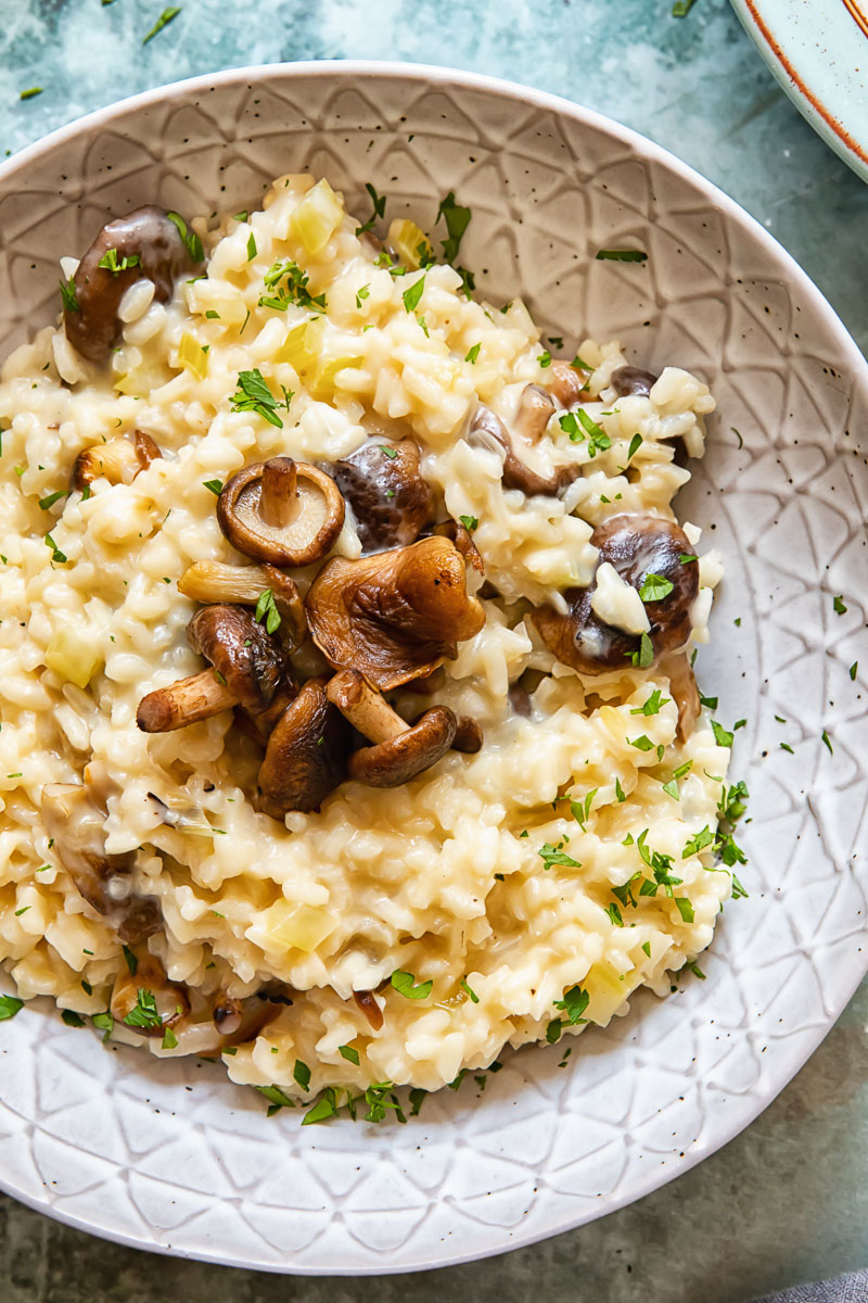 Top down view of Truffle risotto with mushroom in a bowl
